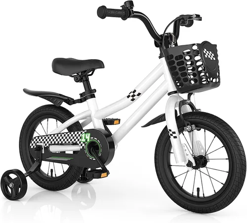 Vista 8 de HONEY JOY Bicicleta para niños, 12, 14, 16, 18, 20 pulgadas, con ruedas de entrenamiento y freno de mano, marco de acero, cadena totalmente cerrada