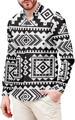Vista 16 de Camisas aztecas grandes y altas para hombre, diseño étnico azteca tribal del suroeste, camiseta delgada de manga larga con botones