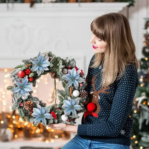Vista 5 de Flores de purpurina de adorno para el árbol de Navidad, paquete de 12 Azul
