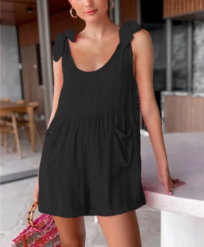 Vista 2 de chouyatou Overol corto de pierna ancha para mujer, sexy, con nudo de corbata, sin mangas, estilo bohemio, overol