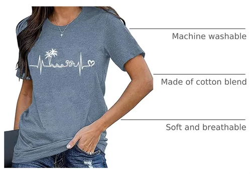 Vista 4 de Camiseta de manga corta con estampado de corazón para mujer, camiseta con estampado de corazón y estampado de corazón Azul