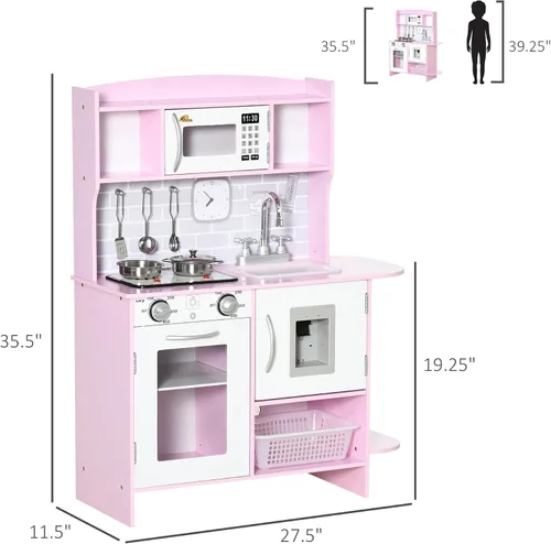 Vista 7 de Qaba Juego de juguetes de cocina para niños con diseño realista, luces de estufa, almacenamiento, dispensador de agua, para niños de 3 a 6 años