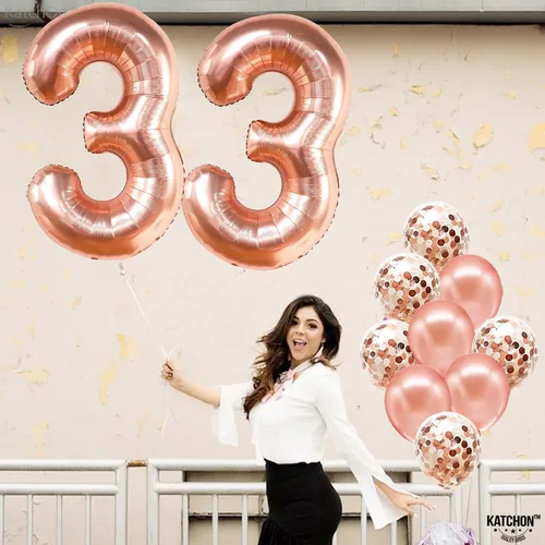 Vista 4 de KatchOn, Globos de oro rosa con el número 33, 40 pulgadas, decoraciones de cumpleaños número 33 para mujer, globo de cumpleaños 33 con globos