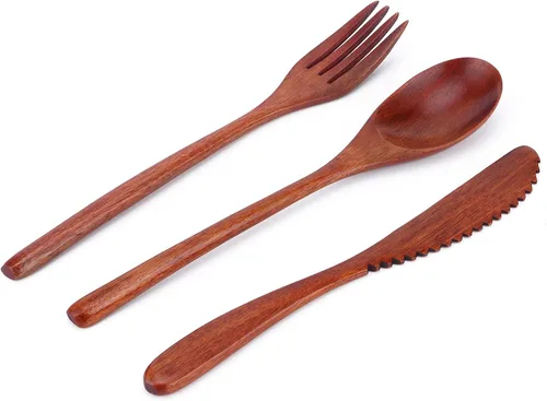 Vista 8 de Juego de cubiertos de madera Cuchara Tenedor Cuchillo Cubiertos de Madera Vajilla Vajilla Portátil con Bolsa