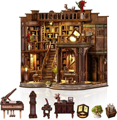 Vista 12 de Kit de rincón de libros en miniatura, rompecabezas de madera 3D, decoración de estantería de biblioteca con luces LED, modelo de casa pequeña