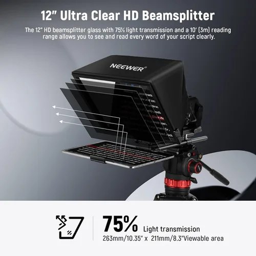 Vista 2 de Neewer Teleprompter C12 Diseño modular con abrazadera de varilla LWS de 0.591 in, control remoto RT113, control de aplicación, divisor de haz de 12