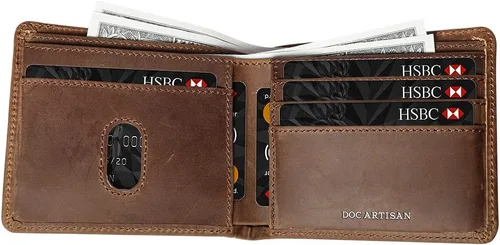 Vista 3 de Cartera de cuero para hombre Billetera plegable de cuero de grano completo 100% auténtico, Nuez, Classic