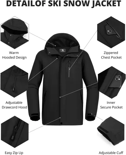 Vista 4 de CAMEL CROWN Chaqueta de esquí para hombre, impermeable, abrigo de nieve de invierno, resistente al viento, forro polar cálido, con capucha, parka