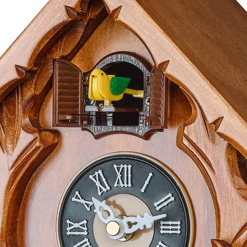 Vista 7 de TIMEGEAR Reloj de cuco con modo nocturno, pájaro cantante y decoraciones de madera tallada (cereza)