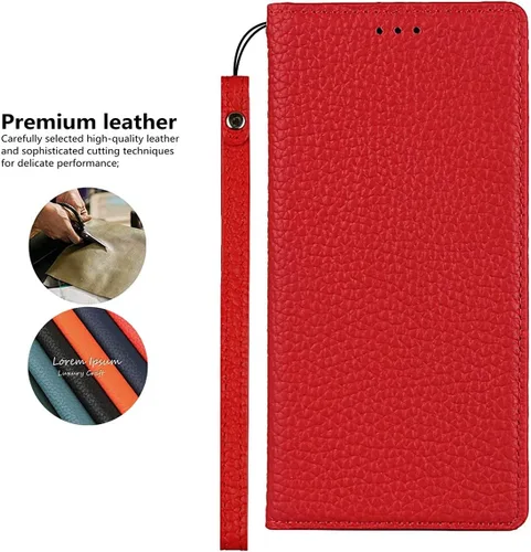 Vista 8 de iCoverCase Compatible con iPhone 13 Pro Max, funda magnética de piel auténtica con bloqueo RFID, correa para la muñeca y ranuras para tarjetas, Rojo