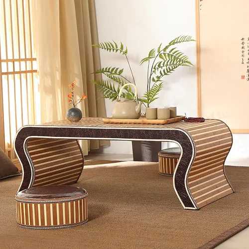 Vista 2 de HM&DX Mesa de centro de madera, mesa de piso japonesa, mesa de té de tatami, mesa de centro tejida de ratán, mesa de altar baja para meditación