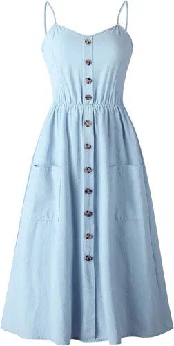 Vista 47 de Angashion - Vestido floral de verano estilo bohemio para mujer, con botones, bolsillos y tiras ajustables