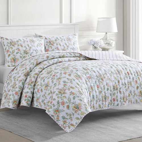 Vista 11 de MARTHA STEWART Naomi - Juego de edredón de 3 piezas, 100% algodón, reversible, fresco, tejido de percal suave, ligero, estampado, 1 edredón, 2