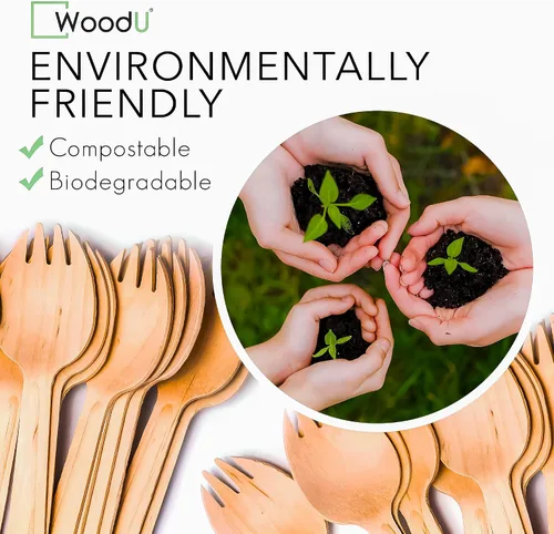Vista 3 de WoodU - Cubertería de madera desechable 100% natural, ecológica, biodegradable y compostable, paquete de 100 cubiertos de madera de 6.5 pulgadas