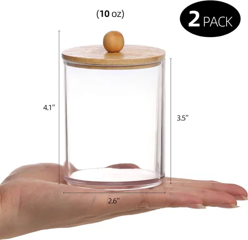 Vista 2 de Tbestmax Tarros de baño con soporte Qtip de 10 onzas para hisopos de bolas de algodón, dispensador de almacenamiento, tapa de bambú (paquete de 2)