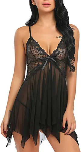 Vista 2 de wodceeke Lencería para mujer, lencería tipo babydoll con cuello en V, malla de encaje transparente, ropa de dormir de peluche, camisón
