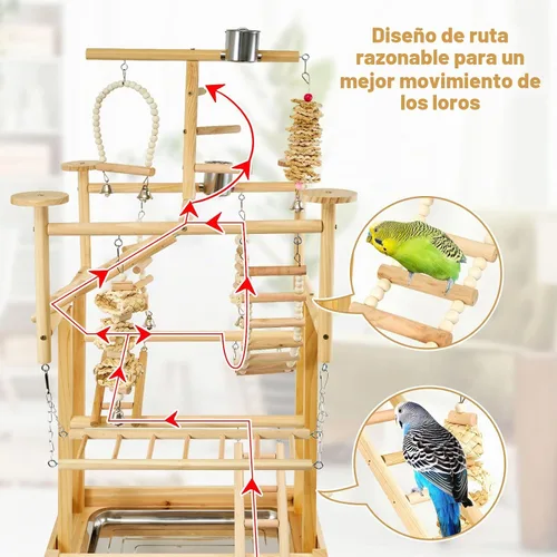Vista 3 de LIMIO Parque de Juegos para Pájaros - Soporte de Juego de Madera Natural para Loros con Perchas, Gimnasio de Juego para Pájaros y Accesorios