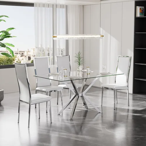 Vista 15 de Juego de 4 mesas de comedor de cristal negro, mesa de cocina minimalista moderna de 47 pulgadas con 4 sillas de comedor clásicas negras y plateadas
