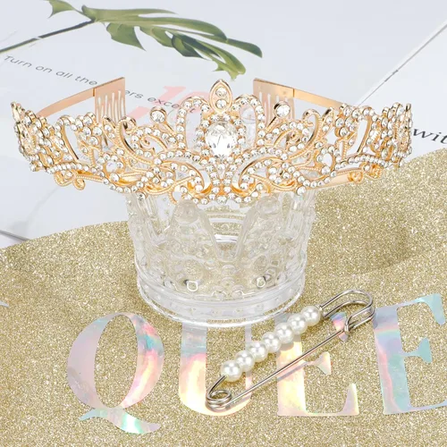 Vista 7 de CAVETEE Faja y tiara dorada para cumpleaños - Coronas de fiesta para mujer