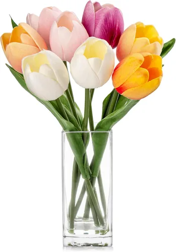 Vista 12 de Briful Flores Artificiales Flor de Tulipán Artificial Blanca en Jarrón Transparente, Arreglo de Tulipanes de Espuma de Tacto Real Adecuado