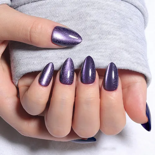 Vista 32 de Uñas postizas rojas de tamaño mediano en forma de almendra, uñas acrílicas brillantes con diseño de purpurina, uñas artificiales de cobertura a001
