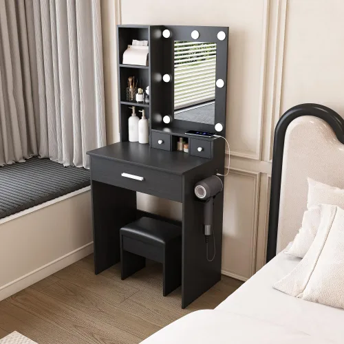 Vista 2 de Mesa de tocador con espejo y luces LED ajustables, toma de corriente, soporte para secador de pelo y taburete, para dormitorios pequeños (blanco)