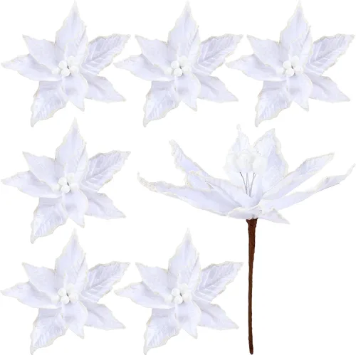 Vista 15 de Zeyune 6 Piezas Flores de Pascua Azules de Navidad Artificiales Grandes Espinas de Pascua Falsas Flores de Franela con Borde Helado para Adornos