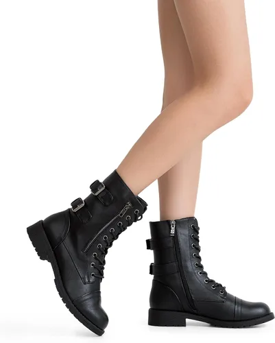 Vista 9 de Vepose Botas de combate militares de 28 a media pantorrilla para mujer con bolsillo tipo billetera para cuchillo de tarjetas