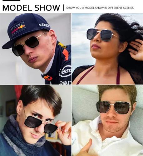 Vista 2 de SHEEN KELLY Trendy Square Pilot Sunglasses Men Women Vintage Rectangular Metal Frame Shades Eye Glasses Tony Stark