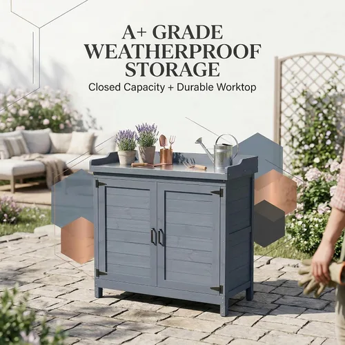 Vista 5 de Gabinete de Almacenamiento de Madera para Jardín Exterior Patio Muebles Cobertizo de Herramientas Impermeable con Bancos para Macetas Mesa de Gris