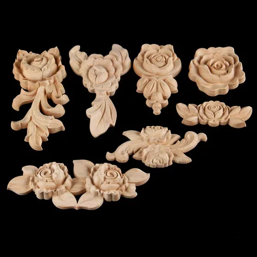 Vista 7 de MUXSAM Apliques tallados en madera de rosa, paquete de 2 mini calcomanías de madera sin pintar para armario, pared, tocador, cama, espejo, chimenea