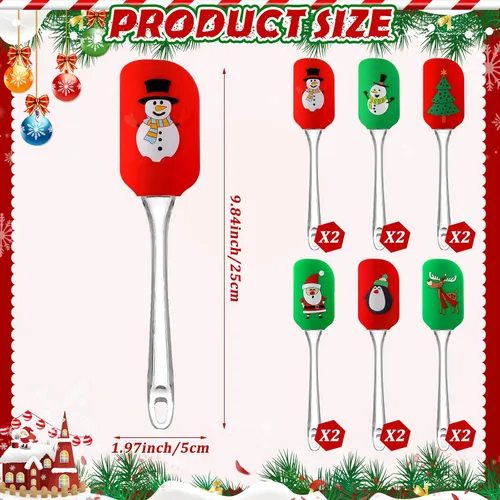 Vista 3 de Layhit 12 piezas de espátulas de silicona con patrón navideño para decoración de Navidad con mango de plástico, utensilios de cocina navideños