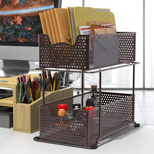 Vista 4 de Simple Houseware - Cajón organizador de cesta deslizante de 2 niveles, bronce