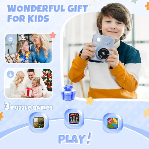 Vista 6 de Cámara para niños, impresión instantánea, pantalla de 3.0 pulgadas, cámara instantánea de foto de 48 MP para niños con tarjeta de 32 GB, juguete