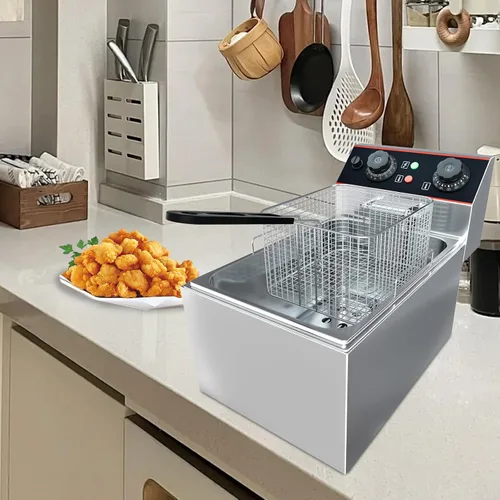 Vista 5 de GarveeHome Freidora comercial con canasta, 6.3 QT/6 L de acero inoxidable freidora eléctrica para encimera con control de temperatura