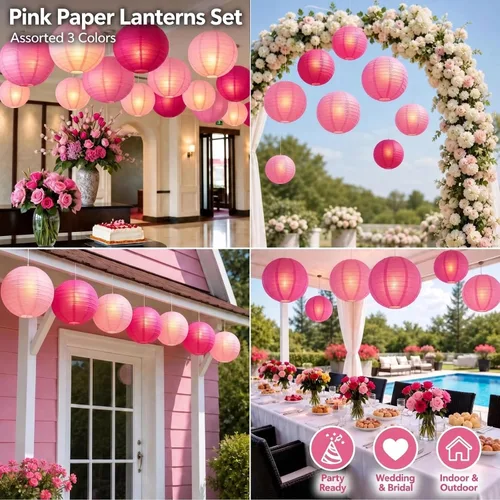 Vista 6 de Linternas de papel chino rosa con luces LED, paquete de 10