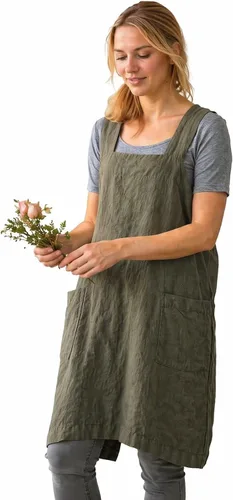 Vista 12 de Delantal Pinafore con espalda cruzada con bolsillos, delantal de lino y algodón, talla grande Negro