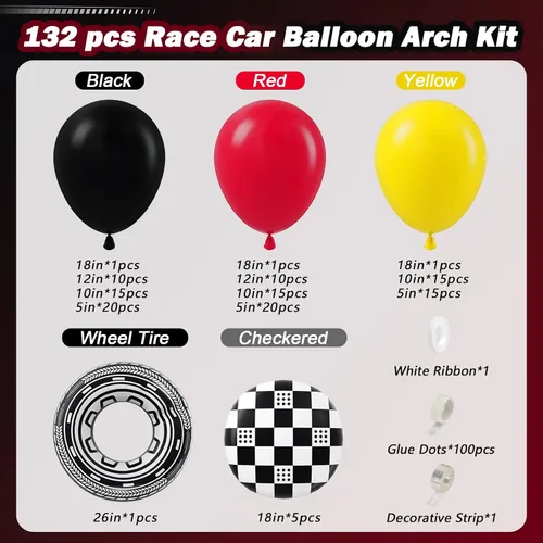 Vista 2 de Kit de arco de globos de auto de carreras de 132 piezas, decoraciones de fiesta con globos rojos, negros y amarillos, globos de rueda a cuadros