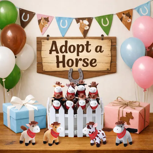 Vista 5 de 42 piezas Adopta un caballo de fiesta para niños, 12 mini caballos de peluche con pequeños sombreros de vaquero y 12 bandanas, manualidades para mi