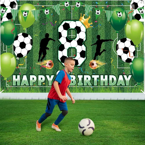 Vista 6 de Decoraciones de fiesta de 8 cumpleaños de fútbol – Cartel de feliz cumpleaños para niños, niños, adolescentes – Suministros grandes para fiestas