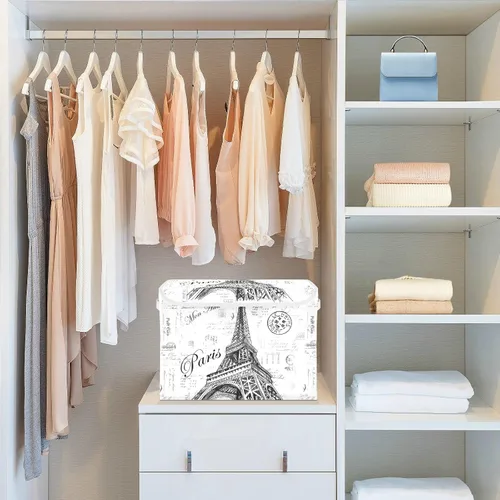 Vista 6 de Kigai Paris - Papeleras de almacenamiento plegables con tapa de torre Eiffel con doble asa, caja de almacenamiento abatible para documentos de ropa