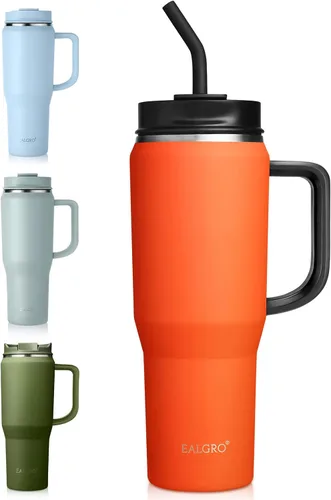 Vista 23 de EALGRO Botella de agua aislada de 40 onzas con popote y asa, frasco de agua deportivo de metal grande, taza de café de viaje de acero inoxidable