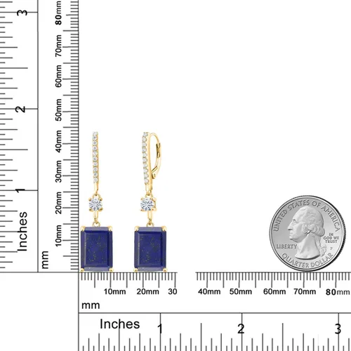 Vista 2 de Aretes colgantes de plata chapados en oro amarillo de 18 quilates de corte esmeralda azul lapislázuli y piedra gema moissanita creada por el rey