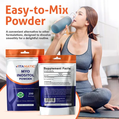 Vista 3 de Vitamatic Myo-inositol en polvo 2000 mg por porción 17.64 oz (250 porciones) Polvo puro Sin azúcar Sin rellenos Sin OMG Suplemento