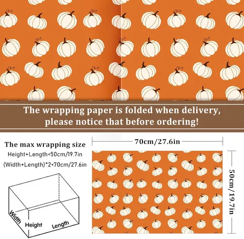 Vista 2 de Whaline 12 hojas de papel de regalo de otoño, hojas de otoño, calabaza, cuadros, papel de regalo de 4 estilos, color naranja y blanco, papel