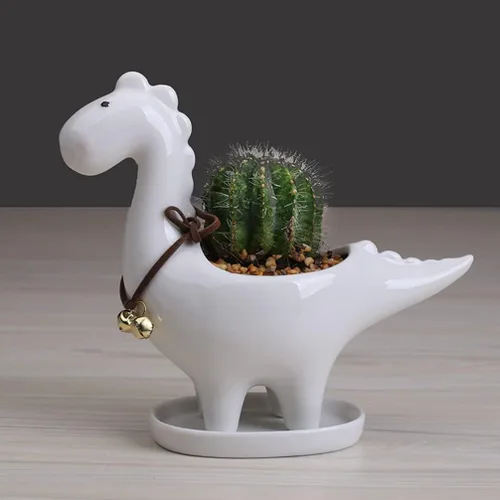 Vista 8 de Cabilock Maceta de cerámica de dinosaurio con bandeja de drenaje, adorable maceta para suculentas para decoración de escritorio de jardín