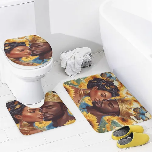 Vista 3 de Bathroom Rugs and Mats Set 3 Piece, Bathroom Rugs Non Slip, Afro Black King Queen Romantic Love Bath Mat Machine Washable Bathroom Floor Mats