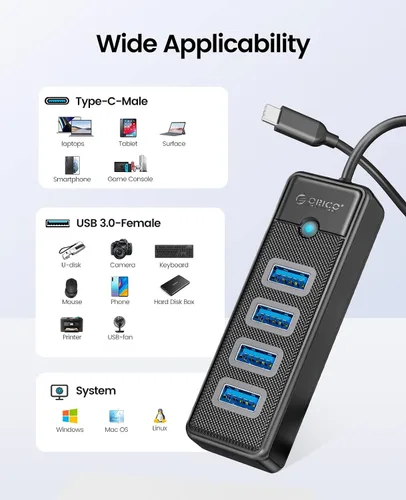 Vista 2 de 4 puertos USB 3.0 Hub ORICO Ultra Slim Data USB Splitter con cable extendido de 3.28 pies, para laptop, PC, MacBook, Mac Pro, Mac mini, iMac, XPS