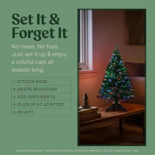 Vista 6 de Flexible Flyer Pequeño árbol de Navidad de fibra óptica. Decoración de Navidad de mesa multicolor LED preiluminada de 32 pulgadas, 2 pies y 8