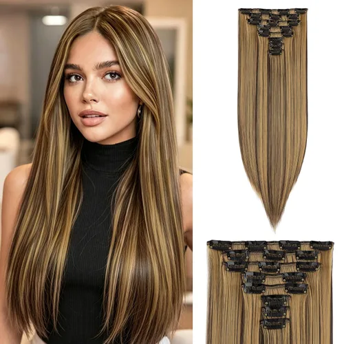 Vista 43 de S-noilite 8 piezas de extensiones de cabello largo con clip para mujer, extensiones de cabello sintético de doble trama, 18 pulgadas, #12H24 Honey